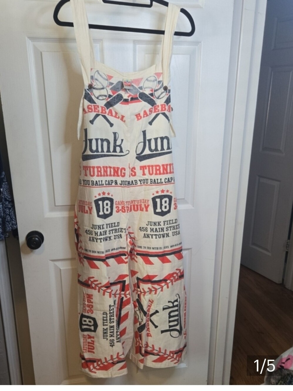 Vintage Feed Sack Inspired Cream Baseball-Print One-Piece Overalls Mi - Picture 6 of 6